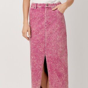 MYSTREE Pink Acid Wash Denim Midi Skirt, Front Slit Vintage Style Jean Skirt